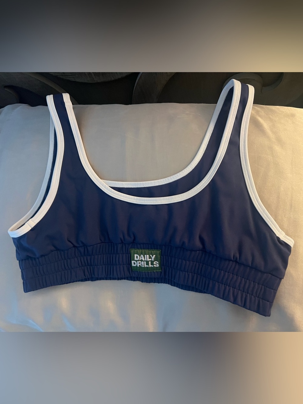 DAILY DRILLS Navy Blue Sports Bra with White Trim XL